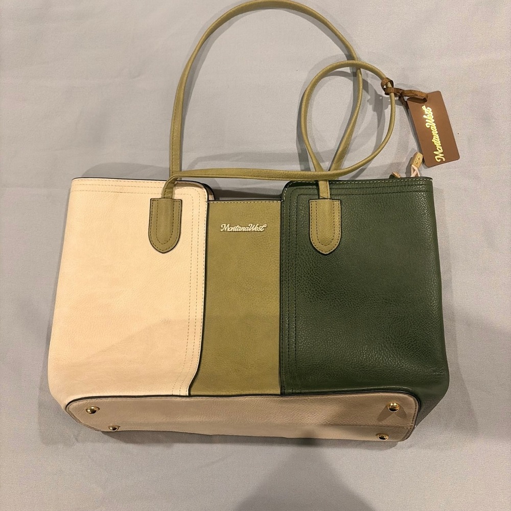 Montana West Colorblock Vegan Leather Tote Bag Green Cream New